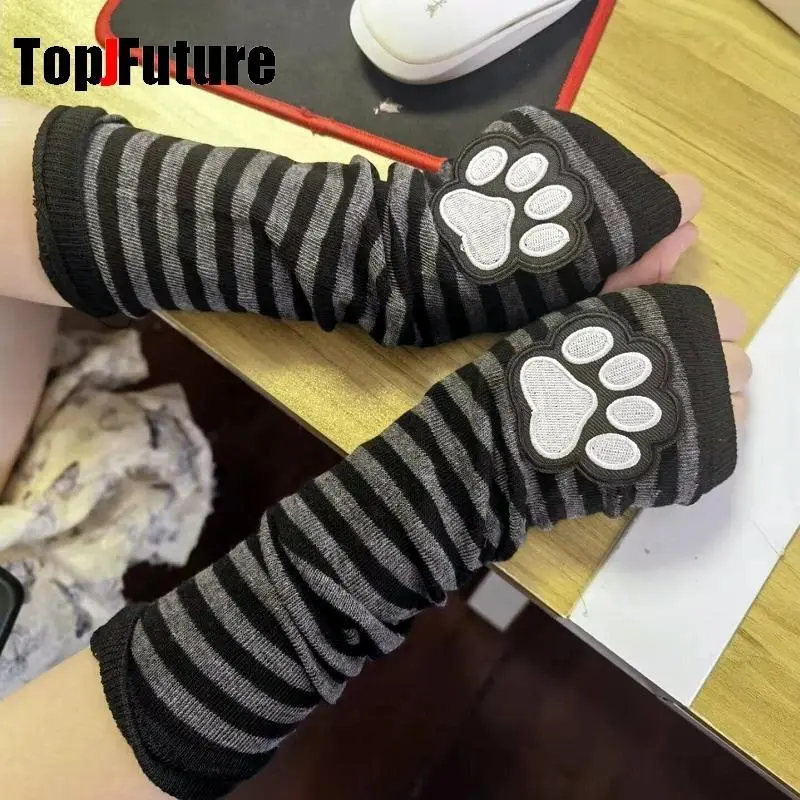 Women Men Gothic Lolita Glove Arm Cover Harajuku arm warmers Cat's paw Fingerless punk Long Wristband Y2K Girl gloves