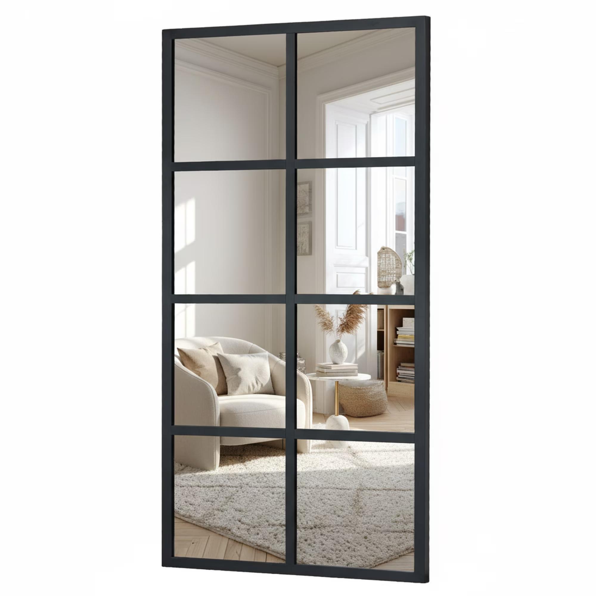 Rectangular Window Pane Decorative Wall Mirror with Black Metal Grid Frame, Modern Geometric Style Mirror for Living Room Bedroom Entryway, Stylish Home Decor Accent with Unique Grid Pattern and Sleek Black Finish