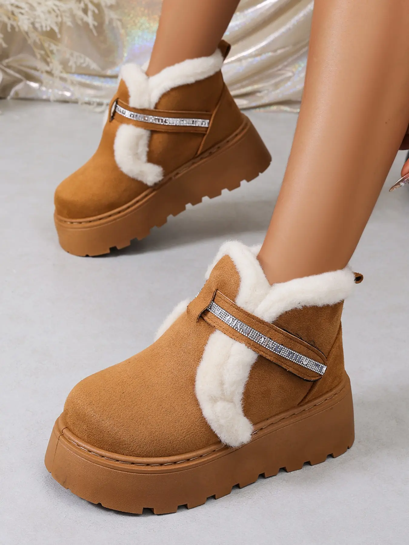 Women's Fashion Rhinestone Velcro Thick Sole Snow Boots, Comfortable Versatile Fall Winter Warm Snow Boots, Soft Fleece Lining Short Cuff Cotton Shoes