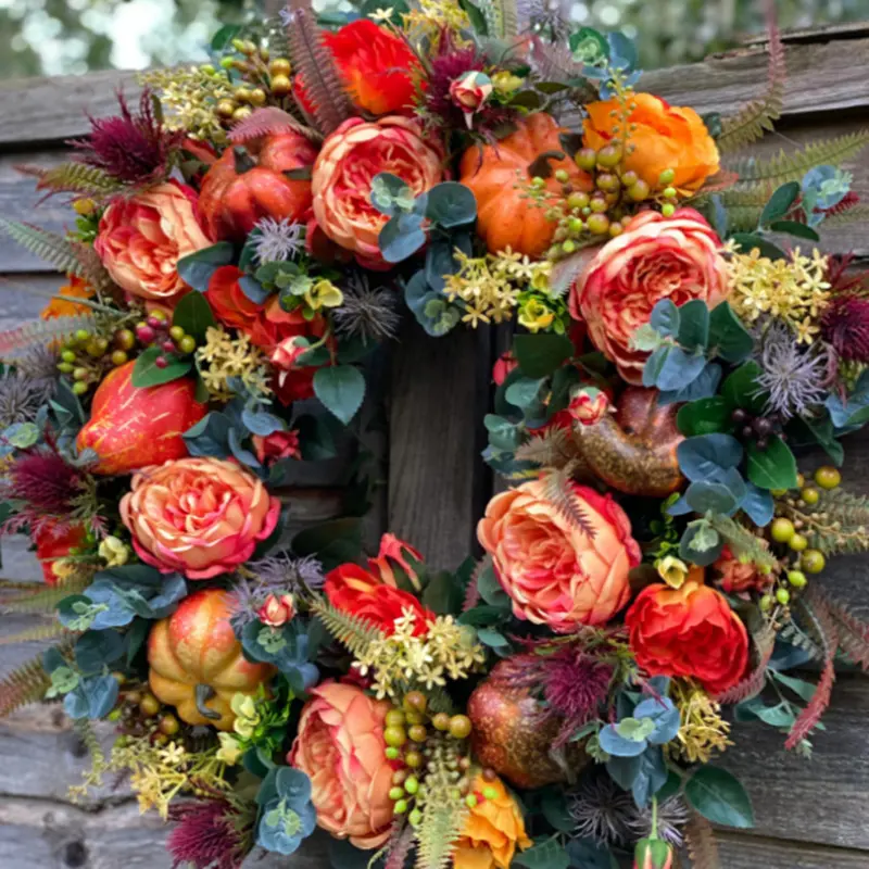 Autumn Pumpkin Wreath for Front Door, Farmhouse Fall Decor with Maple Leaves Roses Pumpkins Berries, Thanksgiving Indoor Hallway Decoration