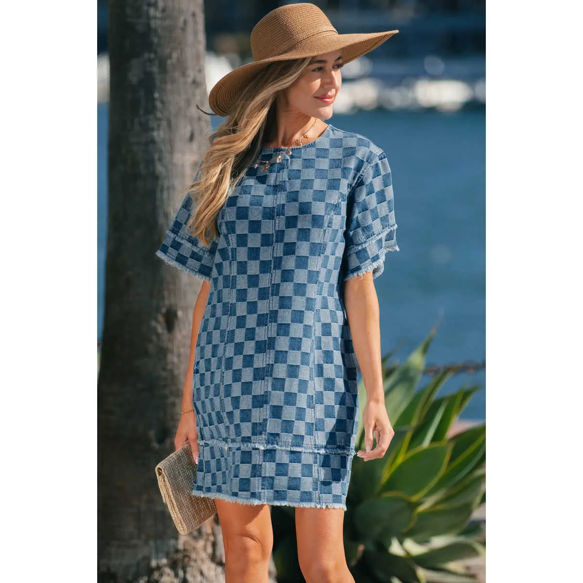 Women's Traditional Checkered Patchwork Denim Mini Dress - Comfortable Frayed Hem Casual Wear Shift Dress with Stylish Design, Style, Chic, Everyday, Fit, Piece, Plaid, Short Sleeves, Checkered Plaid