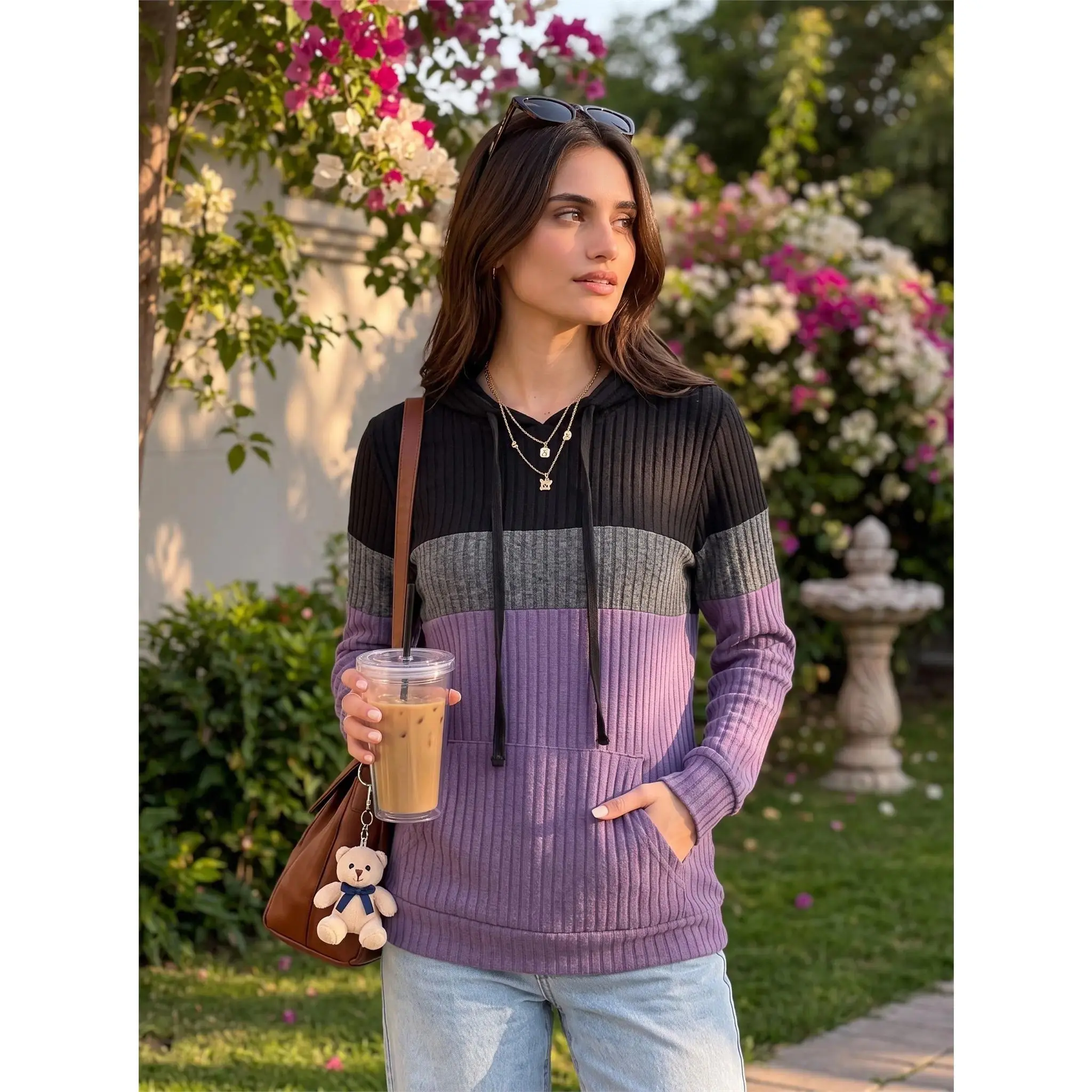 Women's Color Block Knit Hoodie, Long Sleeve Pullover Sweater with Drawstring and Pocket