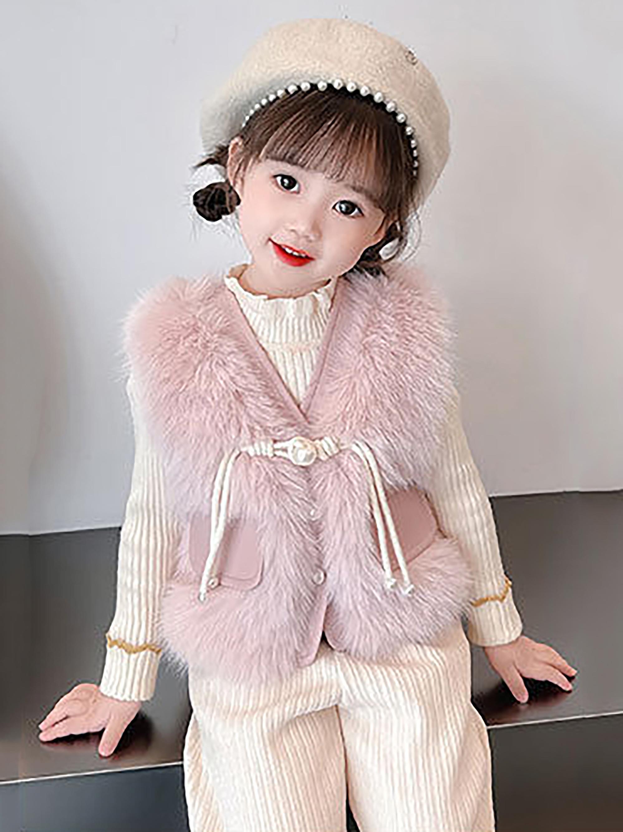 Girls' Thickened Winter Vest Jacket - Soft Pink Plush & Zipper Closure, Cozy Polyester Sleeveless Coat with Ruffled Collar & Waist Tie, Casual Elegant Outerwear for & Little Girls (Spring/Autumn) - Easy-Care Durable Design