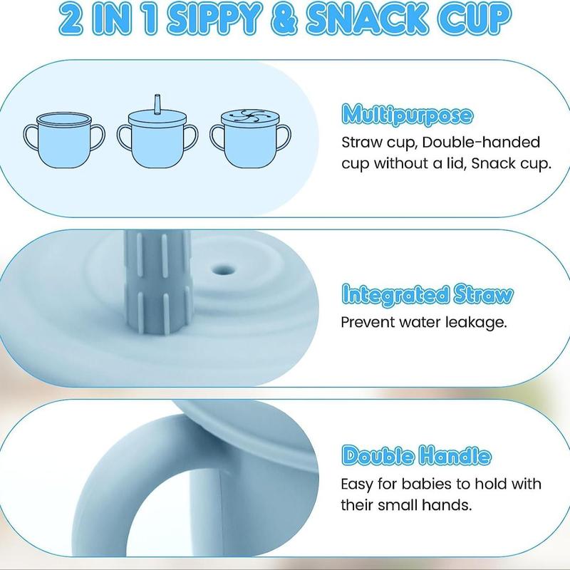 Bear Design Silicone Baby Feeding Set, 11-Piece Baby Dinnerware Set with Bowl, Spoon, Fork, Bib, Straw Cup, Snack Cup and Ice Cube Box, Cutlery Utensil Sets