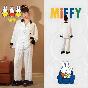 Kawaimiffy Rabbit Pajama Women Spring and Autumn Pajama Women Long-sleeved Ice Silk Cute Polka Dot Cardigan Home Wear Set
