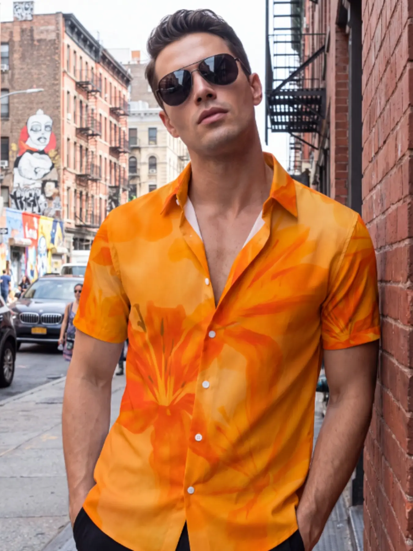 Beautiful Orange Lily Men's Shirt Tops Trendy Personalized Creative Printed Pattern Short Sleeve Button Polyester Fiber Soft Breathable Casual Leisure Vacation Style