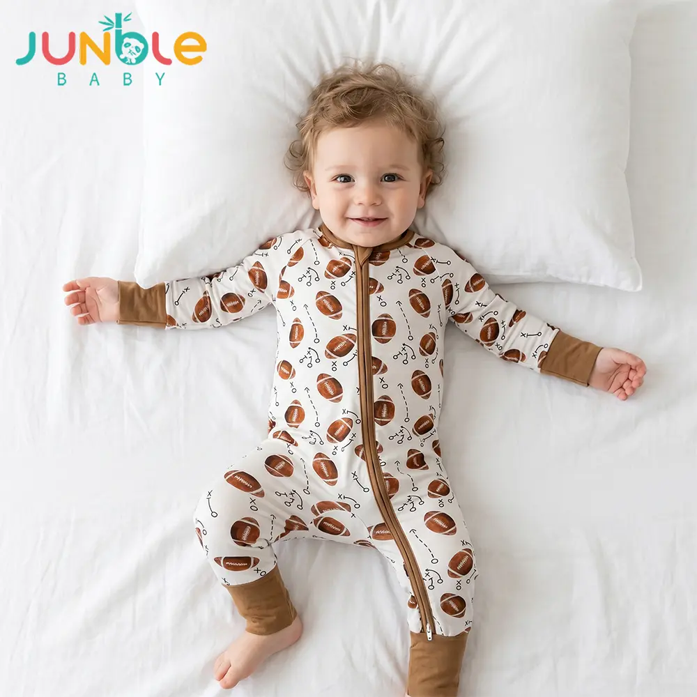 Junblebaby Baby Bamboo Romper Long Sleeve 2-Way Zipper  Foldable Foot Covers Sleeper Baby Boy Clothes Rugby Print Baby Onesie For Boy 6-24Months Outwear