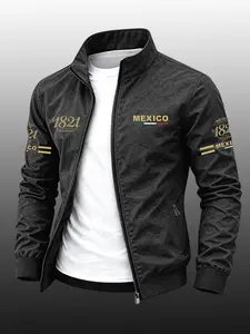 Men's Mexico Flag Print Lapel Sport Jacket, Durable Casual Zipper Outerwear, Business Style Outdoor Coat, Slim Fit, Perfect Gift