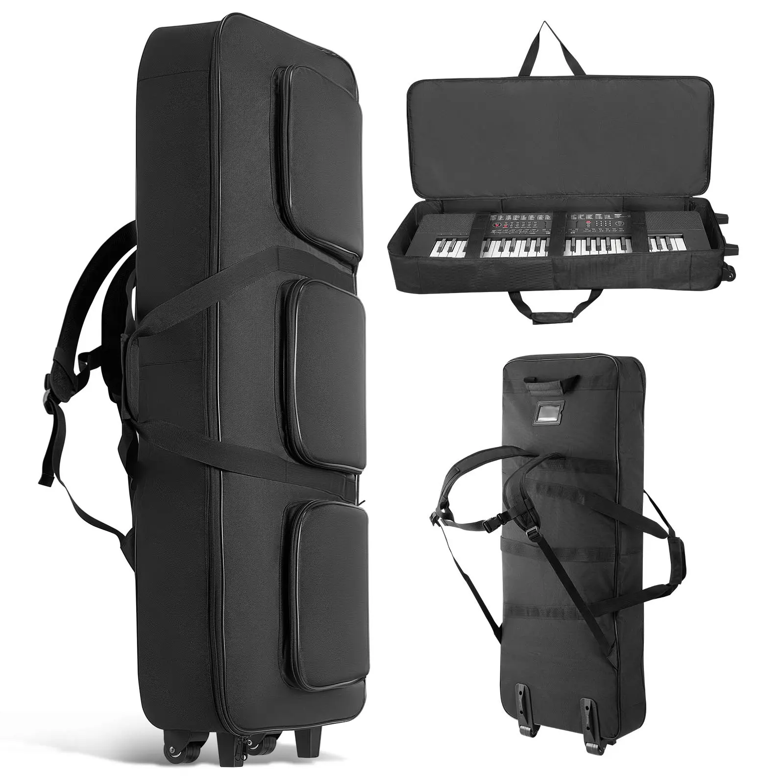 【DealsForYouDays】VEVOR 61 Key Keyboard Case, 40.9 x 16.9 x 5.1 in Interior, Padded Rolling Piano Case with Wheels, Sturdy Handle, 3-Pocket Storage, Gig Bag with Smooth Wheels, for 88 Note Keyboards and Electric Piano