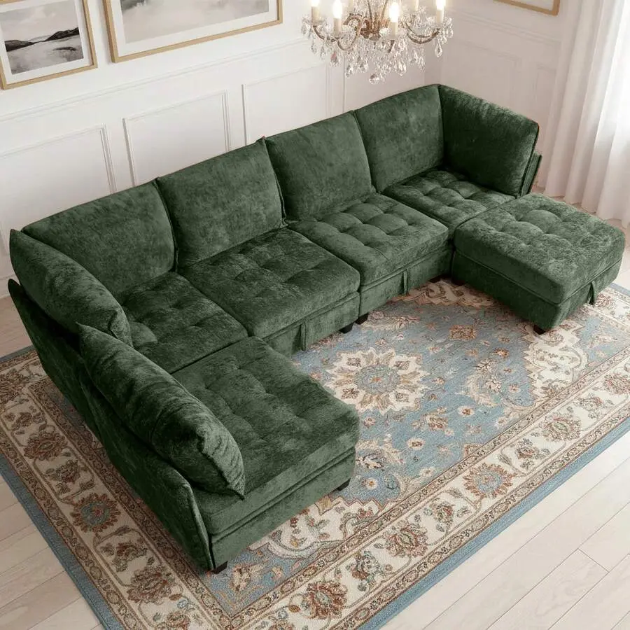 Oversized Modular Sectional Sofa With Storage Under Each Seat,  2/3/4/5 Seater Chenille Sectional Couch With Ottoman, Extra Deep And Wide Seats, Convertible Comfy Couch Living Room, Green