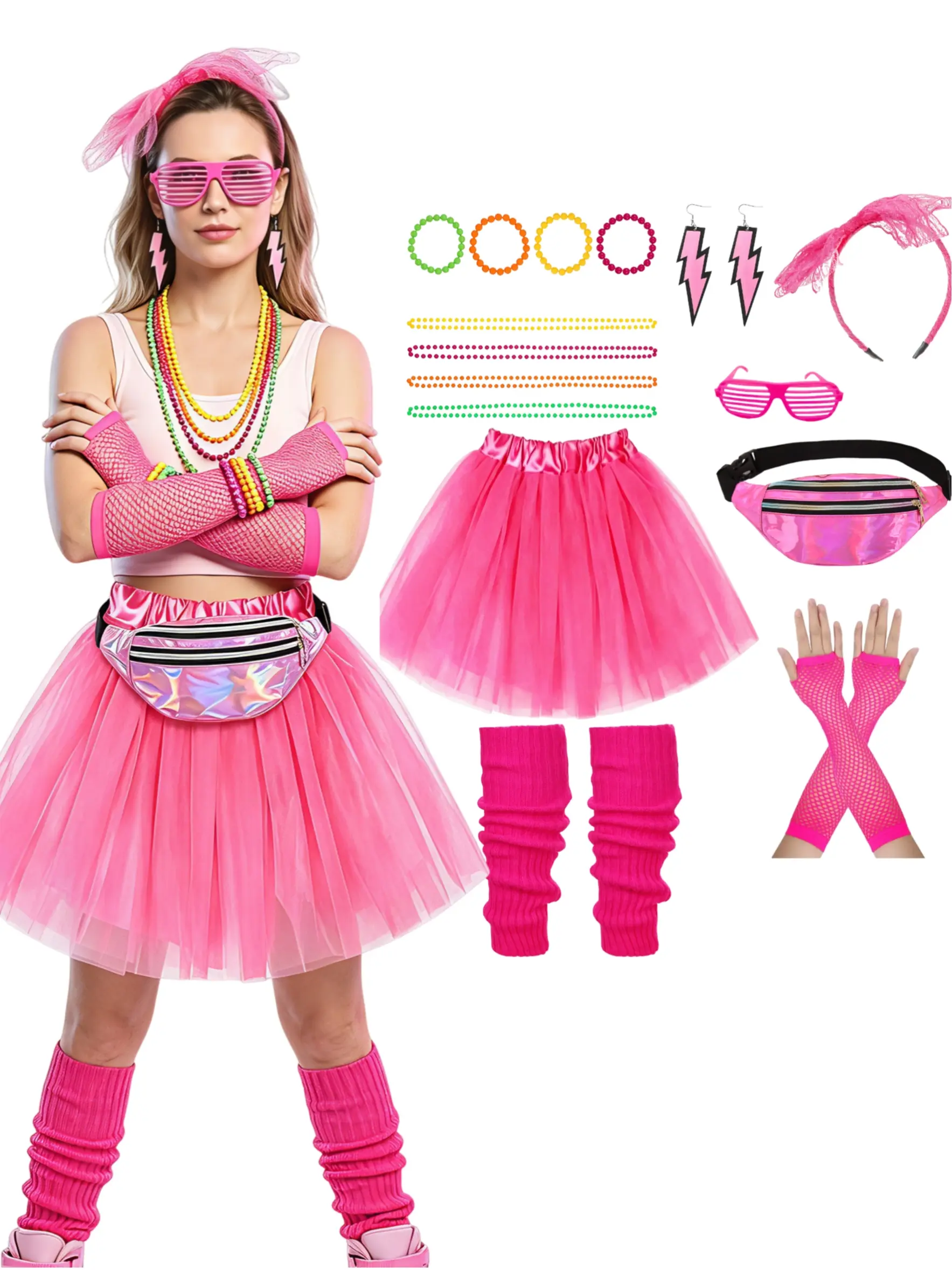 80s Retro Neon Party Accessories Set (18 Pieces), Disco Theme Party, Halloween Costume, Dance Performance, Women and Teens