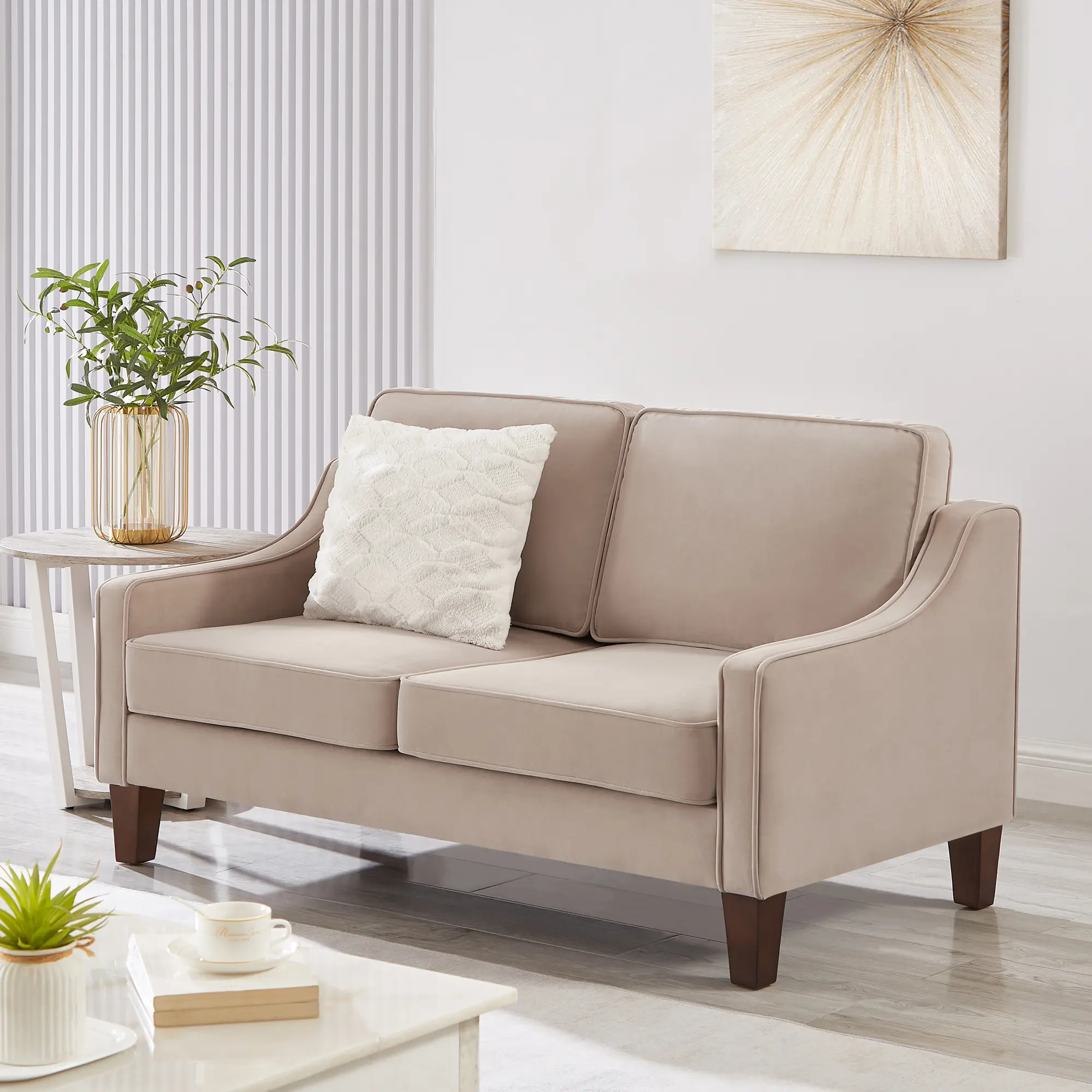 ARCH 2-Seater Loveseat Sofa with Spring Seat Cushion Velvet Upholstered Couch Solid Rubber Wood Legs Removable Covers Easy Assembly Living Room Bedroom Taupe 51x27.5x34in, taupe Color Options, Velvet Material, Product Dimensions: 27.50 W x 51.00 D