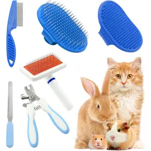 Pet Grooming Kit with Slicker Brush Bath Massage Glove Brush Pet Shedding Comb Nail Clipper Trimmer 6 Piece Set for Rabbit Kitten Guinea Pig Cat Chinchilla Ferret Small Animals