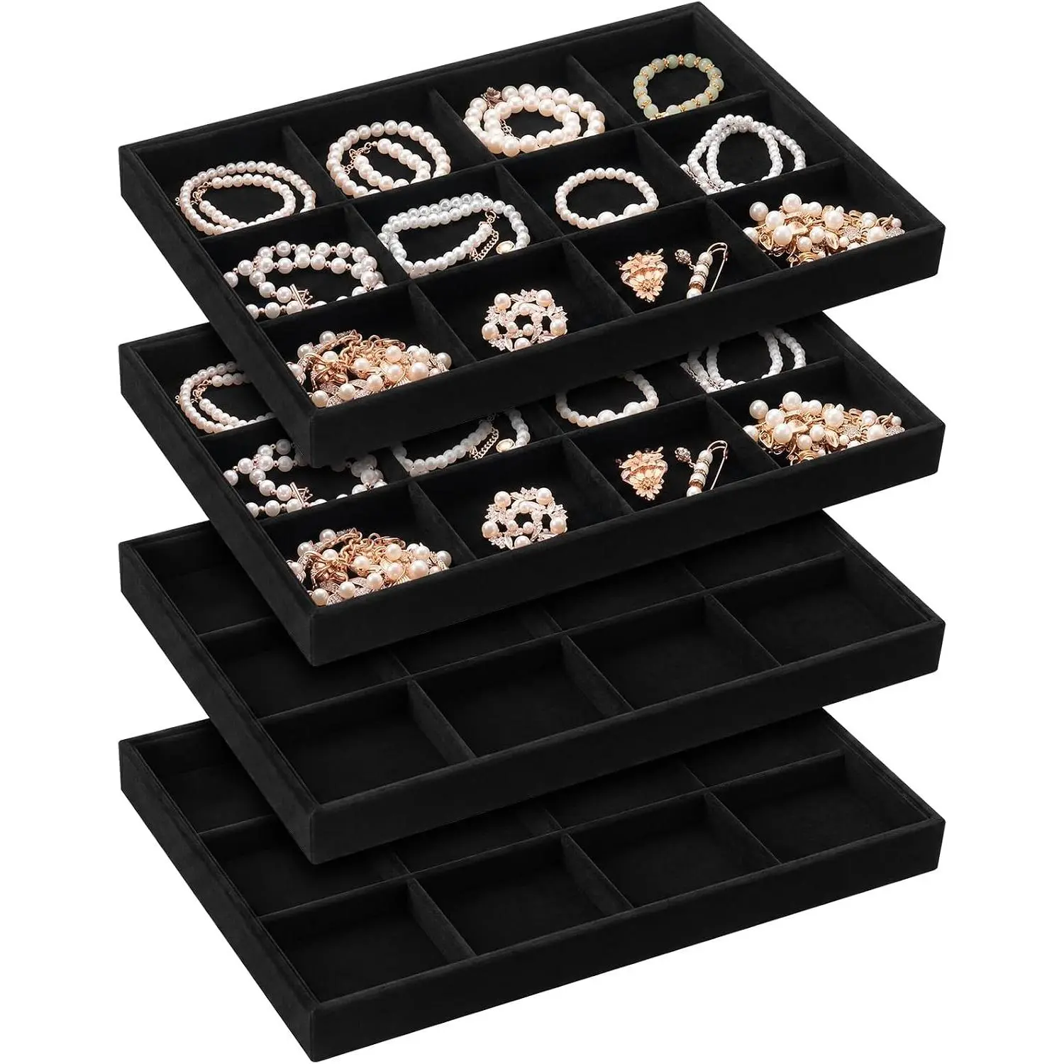 4 count Stackable  Organizer Tray, 12 Grids  Bracelet Ring Necklace Tray,  Organizer Trays for Drawer Display Selling Bangle Necklace Earring  Storage(Black)