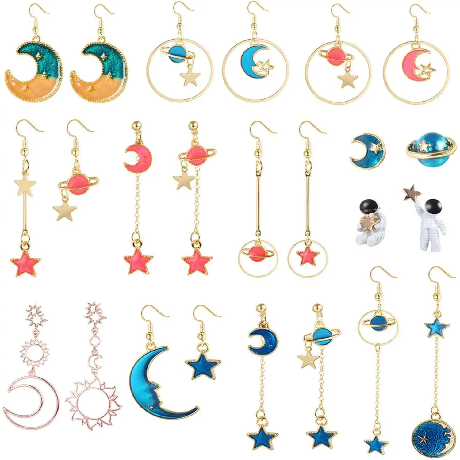 12 Pairs Women's Asymmetric Dangle Earrings Star Moon Earrings Earth Moon Earrings Sun Moon Earrings Drop Earrings Bohemia Moon Stud Earrings for Girls Women Small Astronaut Statement Earrings