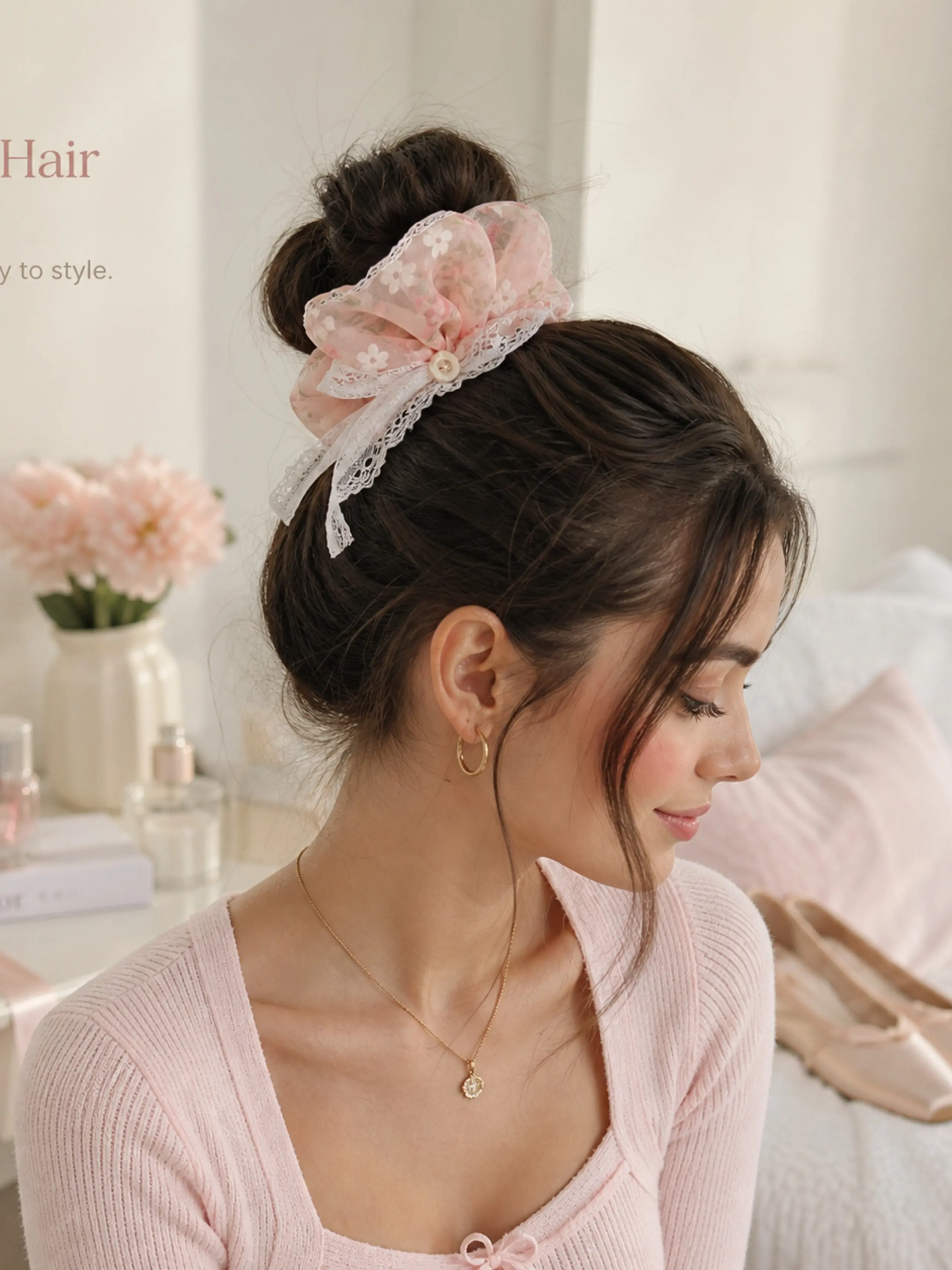 Handmade Pink Floral Lace Bow Scrunchie with Pearl Detail, Soft Organza Hair Tie for Women and Girls, Romantic Coquette Aesthetic Hair Accessories, Cute Korean Style Ponytail Holder, Sweet Gift for Daily Wear