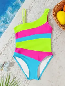 Girls' Summer European Style Fashion Swimsuit, Colorblock Asymmetric Straps One-Piece Bathing Suit, Perfect for Beach Vacation