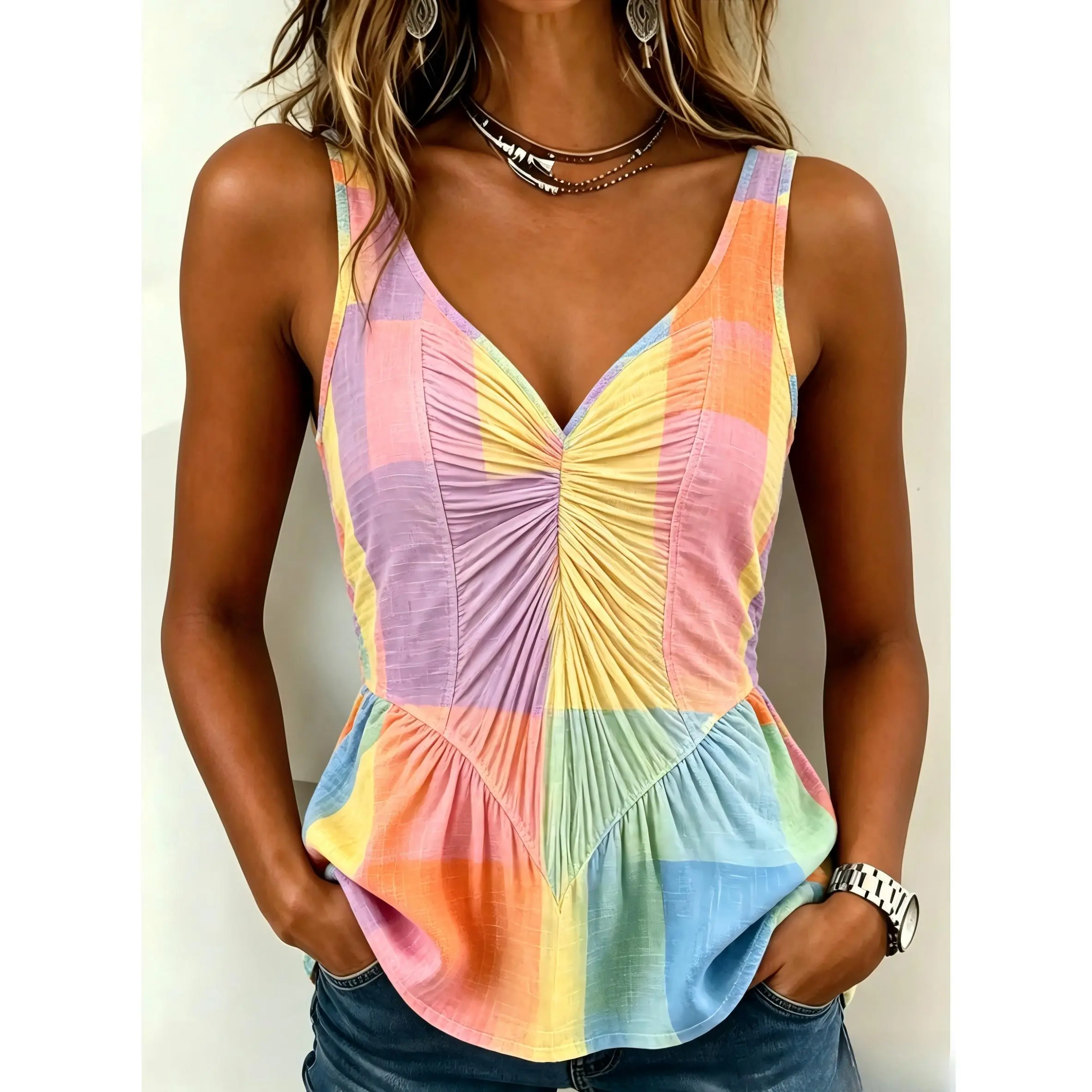 [New] American casual rainbow plaid V-neck sleeveless top, breathable slightly wrinkled fabric, basic vest, suitable for shopping and dating stylish summer fashion