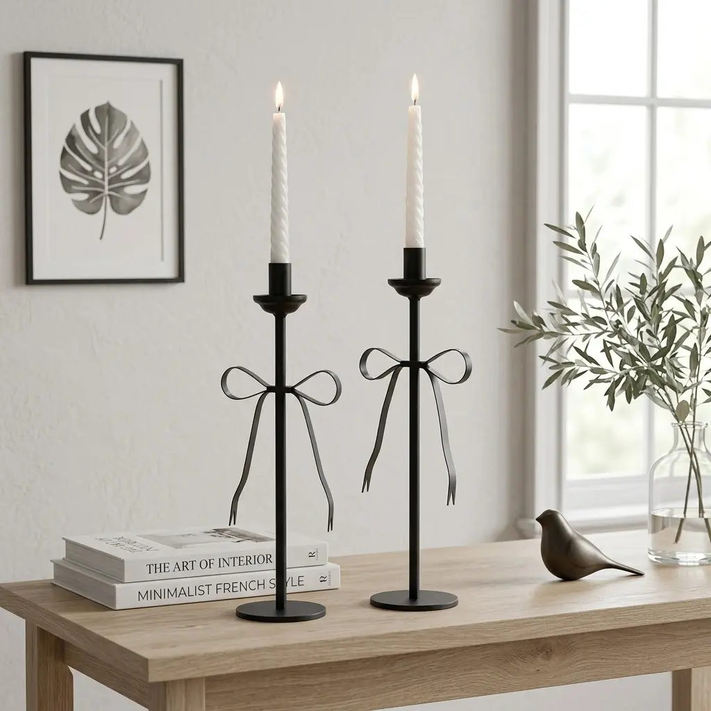 Bow Taper Candle Holders Set of 2, Modern Metal Stands, Decorative Candlestick Holders for Dining Table, Wedding, Fireplace Mantel