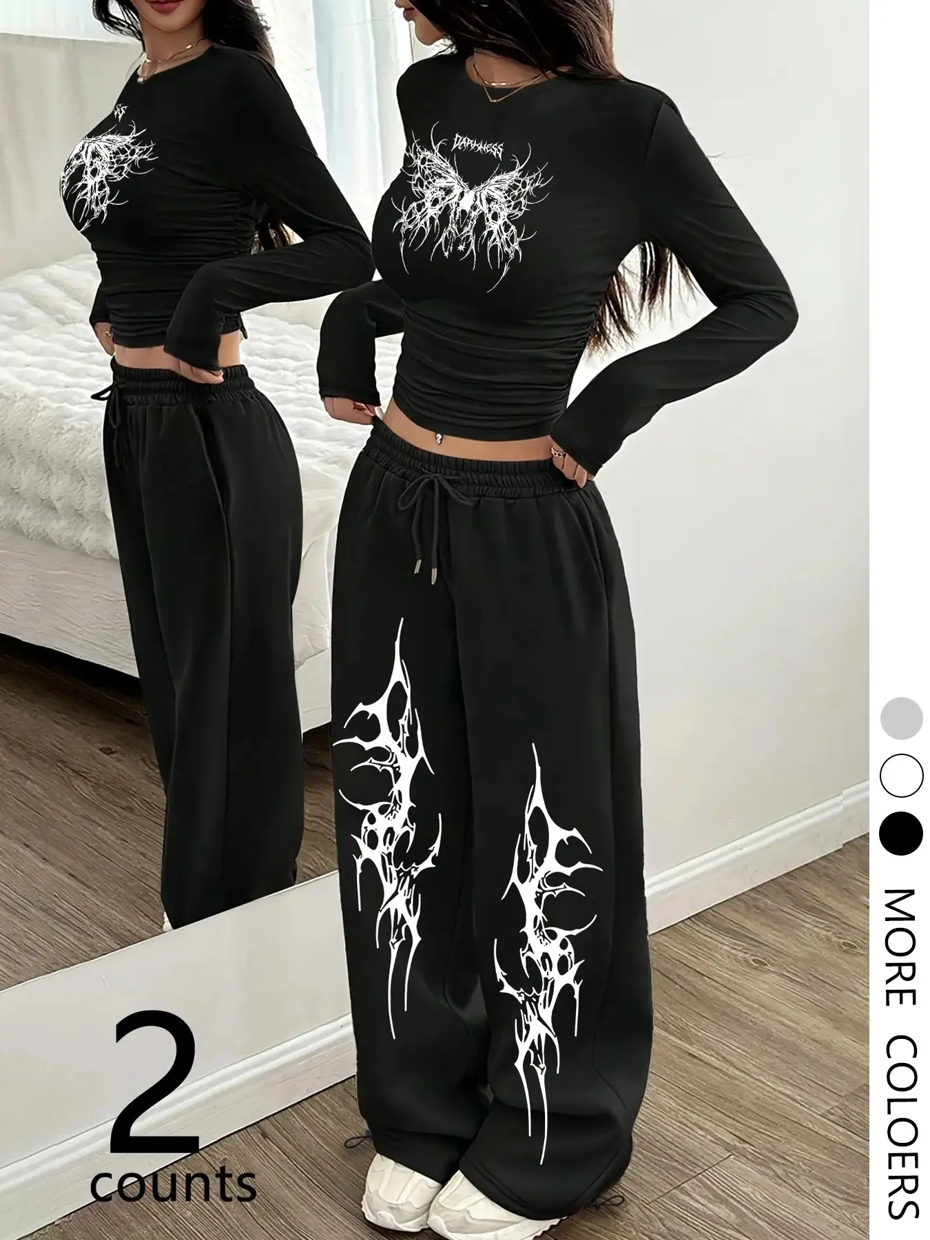 Women Dark Punk Alt Two Piece Matching Outfit Soft Stretch Knit Crew Neck Long Sleeve Full Side Vertical Ruched Slim Crop Top White Thorn Butterfly Gothic Letter Graphic High Waist Elastic Drawstring Loose Wide Leg Jogger Sweat Pant With Cuff Tie Co-ord S