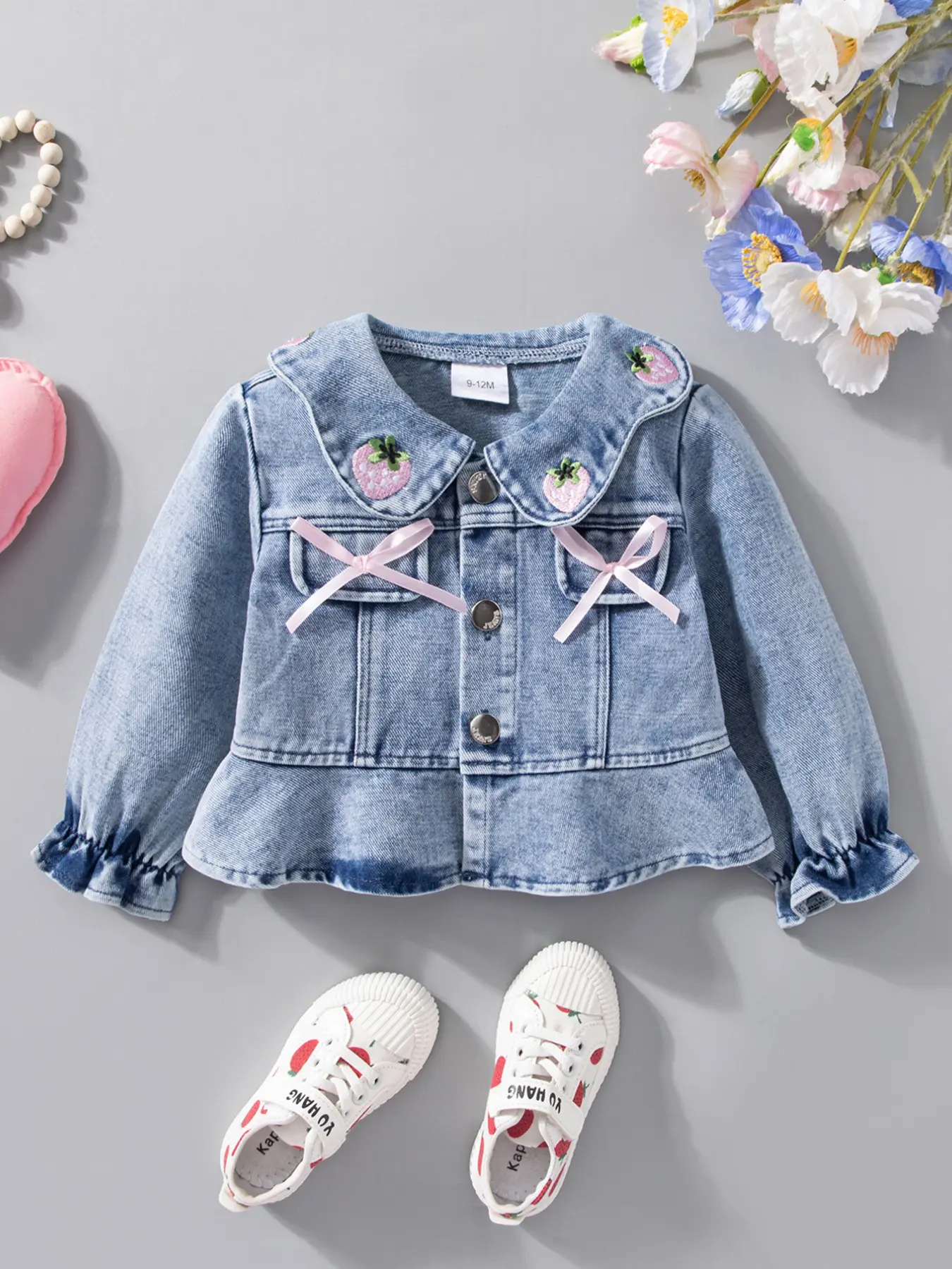 Baby Girls Denim Jacket, Strawberry Embroidery Peter Pan Collar Pink Bow Decor Long Sleeve Sweet Casual Spring Fall Outerwear