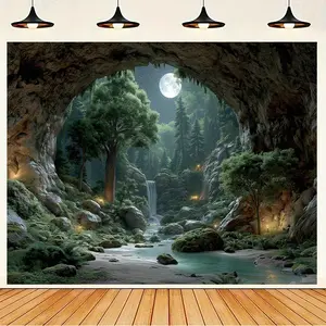 Cave Waterfall Moon Backdrop Party Backdrop Birthday Decoration Photo Background Wall Decor Event Decoration Photography Background Nature Festival Holiday Indoor Outdoor Premium Polyester Fabric