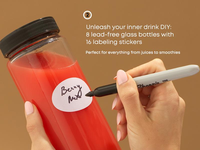 PLL Glass Juice Bottles, 16 oz Glass Bottles with Caps.Set of 8 Juice Containers with Lids for Fridge, and Labels for Juice Jars.Glasses for Juice, Cold Brew Bottles, Smoothie Jars