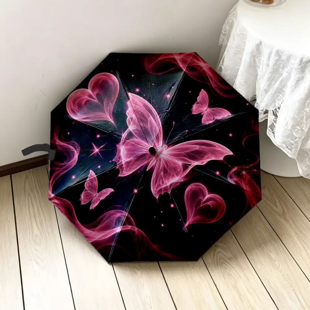 1PC Valentine's Day 2D flat printed folding umbrella, optional internal printing or external printing, featuring pink butterfly & heart pattern, suitable for daily use, travel, and outdoor activities, great for gifting on special occasions