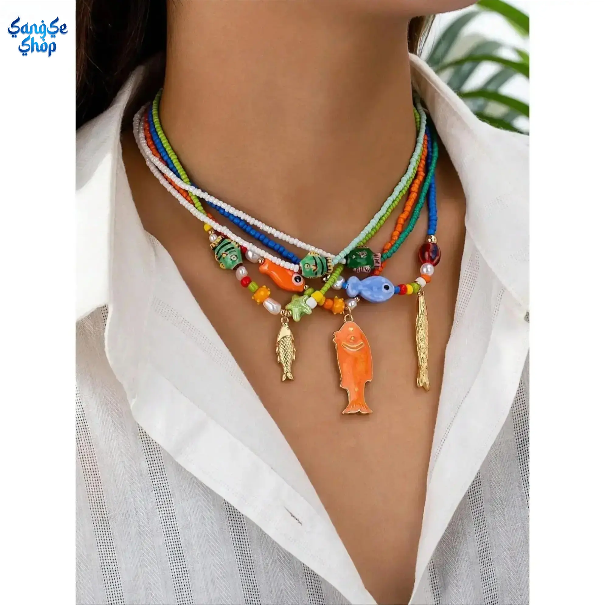 Women's 5-Piece Plastic Pendant Necklace Set - Elegant Colorful Beaded, Trendy Marine Life Charm Layered Statement, Adjustable Tarnish-Proof Jewelry Gift for Girlfriends (Bag Accessory Charm), Mix‑Match Layers