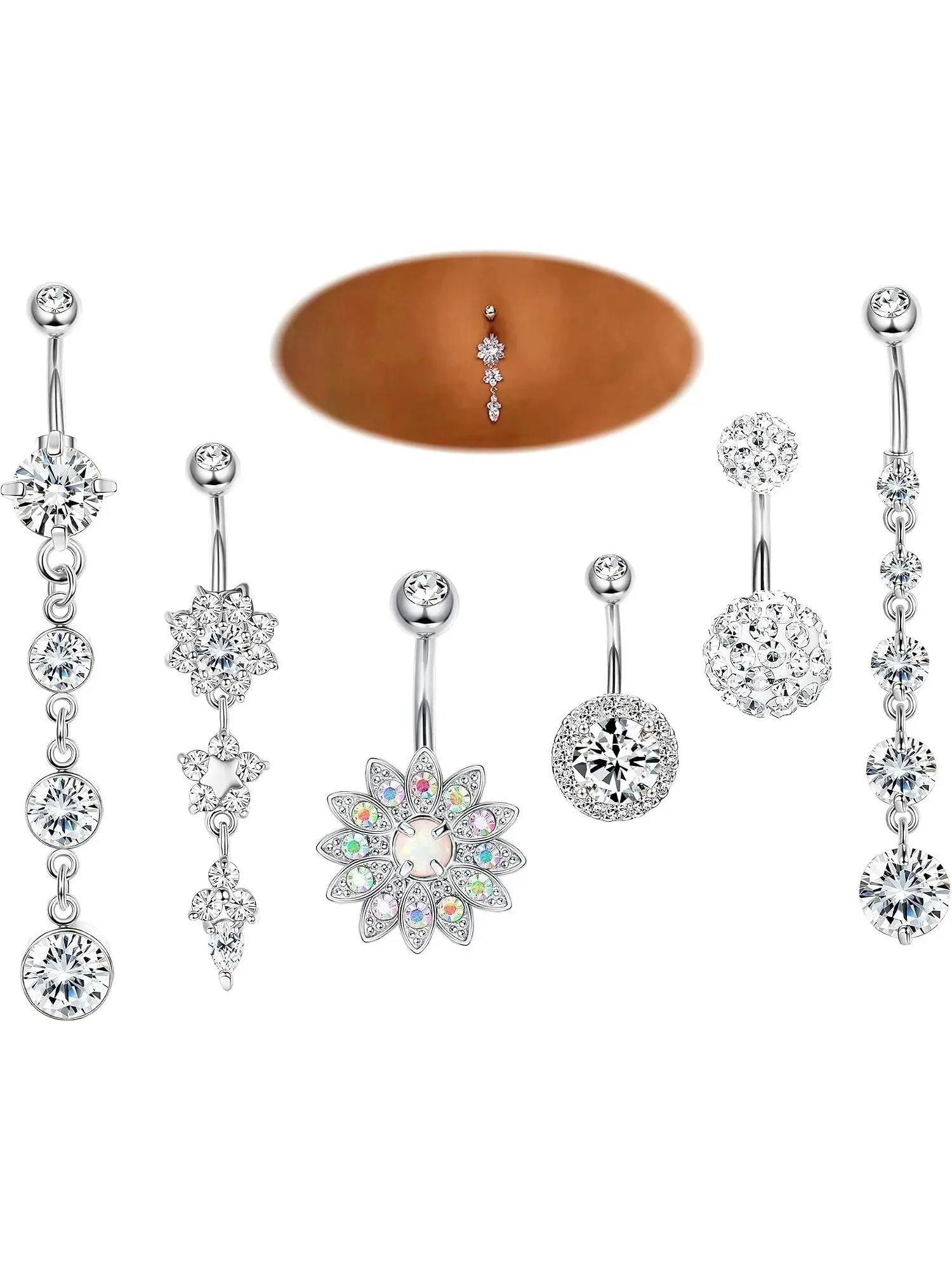 14G Stainless Steel Belly Button Rings for Women Flower CZ Dangle Belly Button Rings Navel Piercing Jewelry