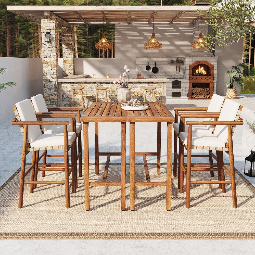 3 Piece Outdoor Bar Set, bistro Patio Acacia Wood Bar Height Table & 2 Stools with Cushions, Wood Dining Bar Set for Backyard, Poolside, Balcony, Beige Cushions