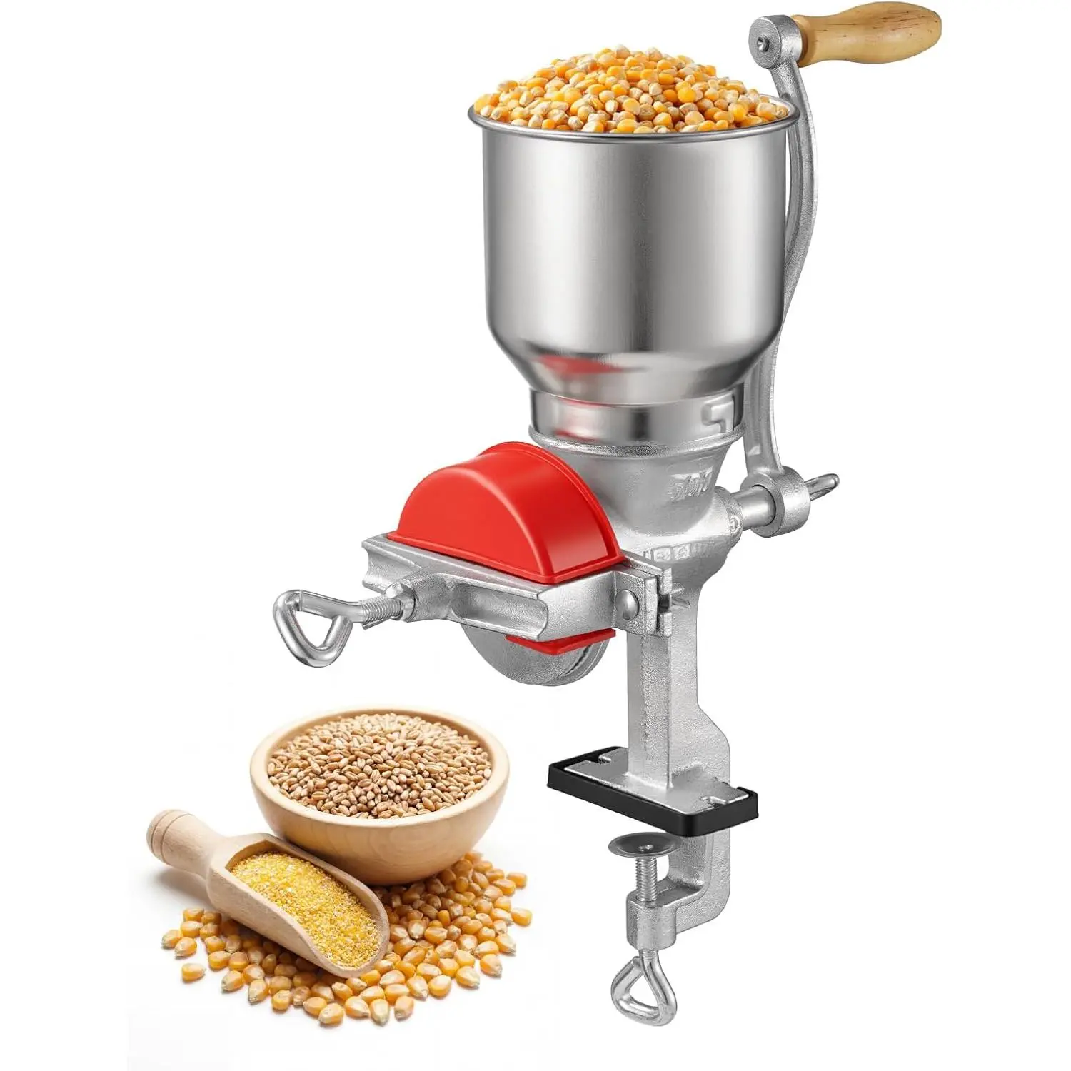 Manual Grain Mill with High Hopper, Hand-Crank Corn Grinder, Heavy Duty Cast Iron Wheat Grinding Mill with Stable Table Clamp & Dust Cover for Grains Spices Coffee Beans Nuts