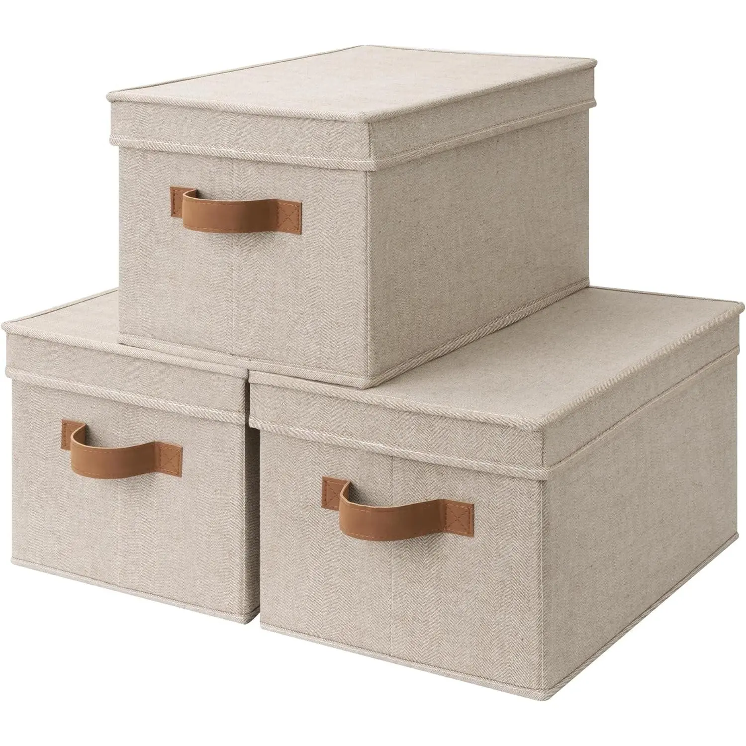 Fabric Storage Bins with Lids, Decorative Storage Bins with PU Handles, Foldable Storage Baskets for Closet, Shelves, Stackable and Sturdy Organization, Brown and Beige, Large, 3-Pack
