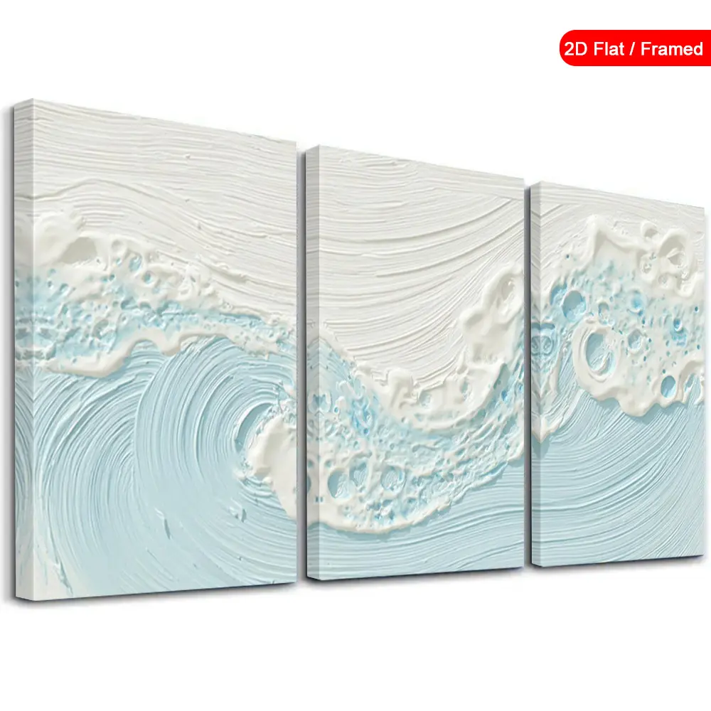 2D Flat,3-Piece Canvas Wall Art, Light Blue Textured Ocean Wave Print, Wooden inner frame, For Living Room Decor, Thanksgiving Gift