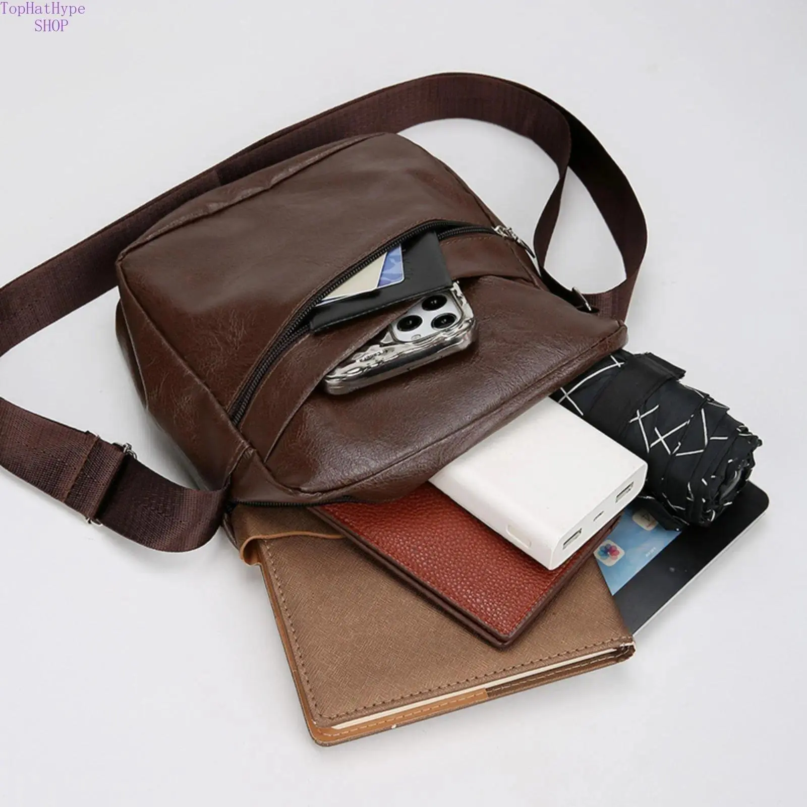 Men's Soft Leather Compact Business Sling Backpack, Zip Closure Lightweight Crossbody Shoulder Pouch, Durable Modern Bag for Daily Business Commute & Travel