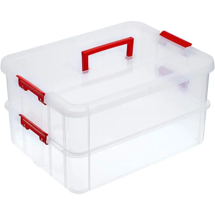 2-Tiers Plastic Stack Carry Storage Containers Box wih Handle  | Clear Stackable Latching Craft Storage Bin for School Office, Organizing Stationery, Sewing, Art Craft, DIY Supplies, Red