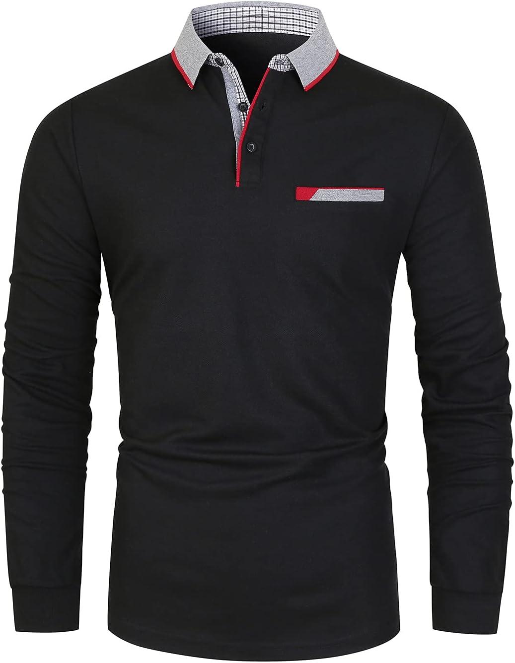 Polo Shirts for Men Long Sleeve Golf Shirt Slim Fit Classic Plaid Collar Cotton Golf T-Shirts Casual Polo Shirts