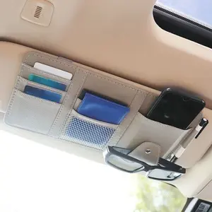 PU Leather Car Sun Visor Organizer - Slim, Sleek, Water Resistant, Easy-to-Clean Multi-Pocket Holder with Zipper Pocket for Cards, Sunglasses, Phone, Universal Auto Interior Storage Pouch for Daily Commutes