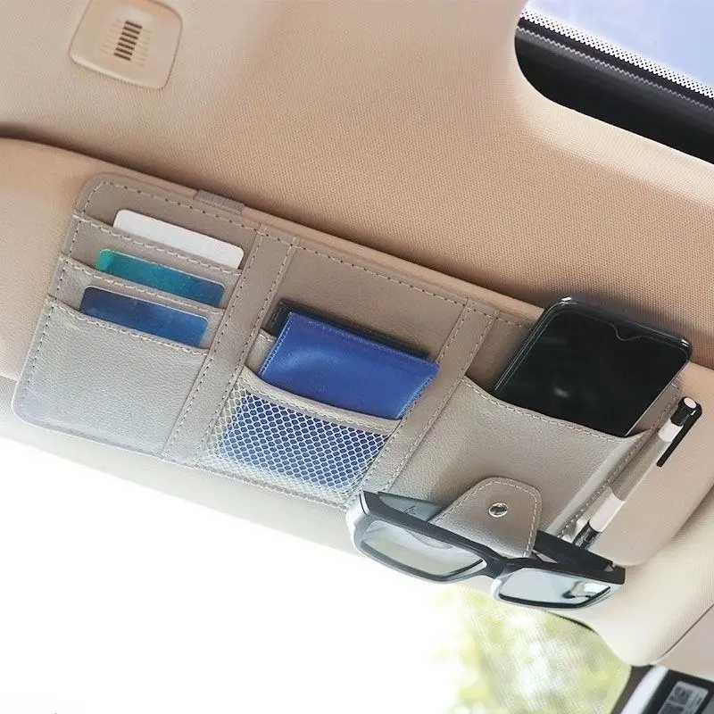 PU Leather Car Sun Visor Organizer - Slim, Low Profile, Water Resistant, Easy to Clean, Universal Fit, Multi-Pocket Holder with Zippered Compartment, Card Slots, Snap-Button Sunglasses Holder, Elastic Straps for Daily Commute, Long Road Trips