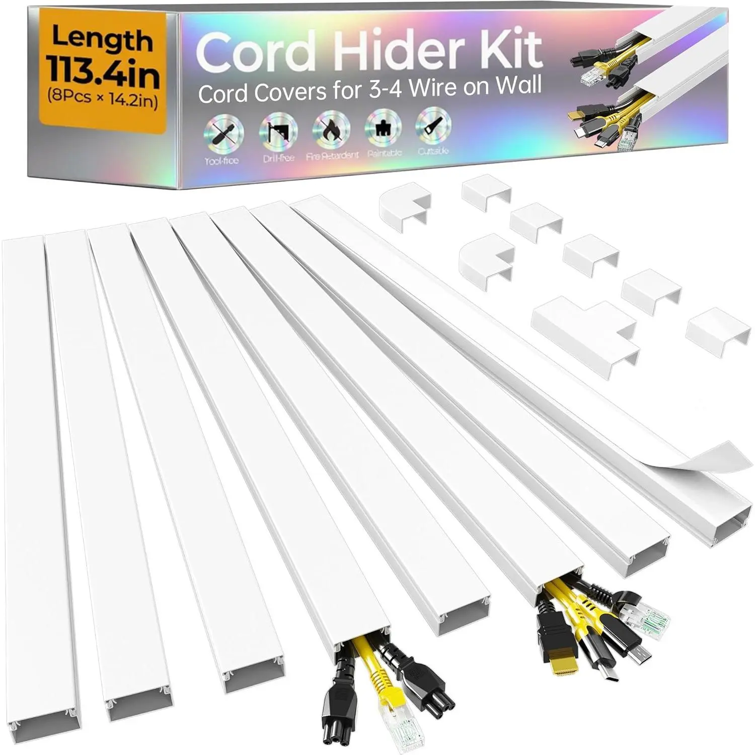 113.4in Cord Hider Kit, Cord Covers for 3-4 Wires  Wall, Self-Adhesive Tv  Hider, Paintable Wire Hider Wire Covers for Cords  Wall,  Cover Management Kit, L14.2 W1.18 H0.6in, White