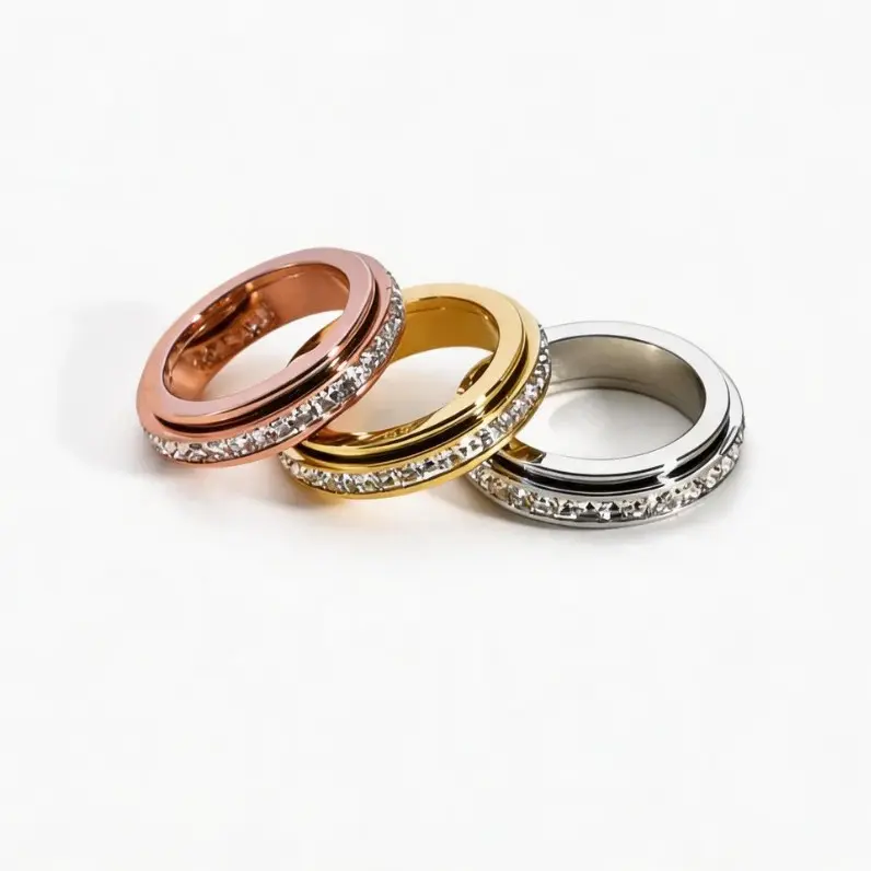Couple's Single Row Square Artificial Gemstone Ring - Double Rotatable Circles, Starry Sky Design, Style C30056-JZ
