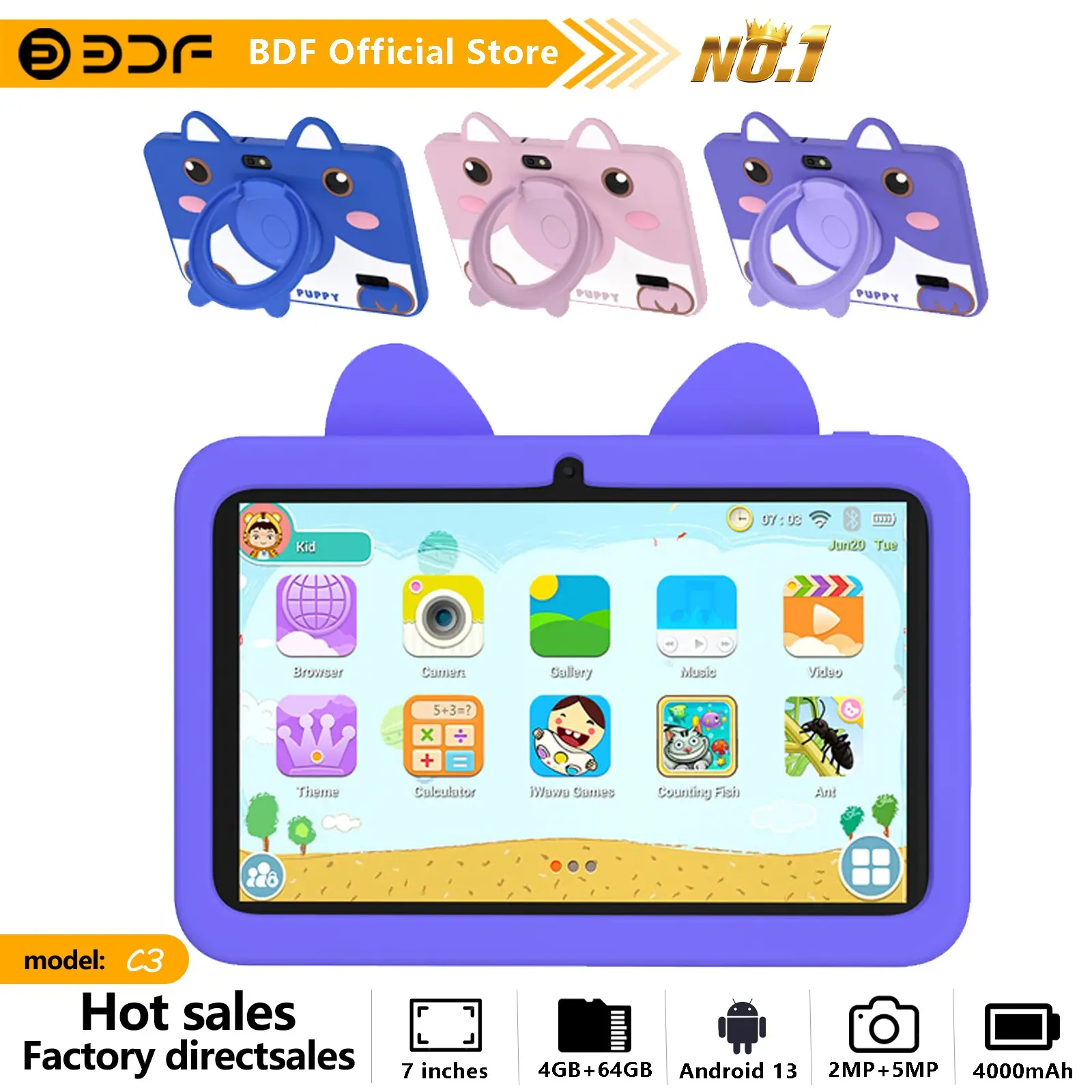 Educational Android Learning Tablet, 7-Inch Android 13, 4GB RAM 64GB Storage, Quad-Core Processor, HD Screen, Dual Cameras, Long Battery Life