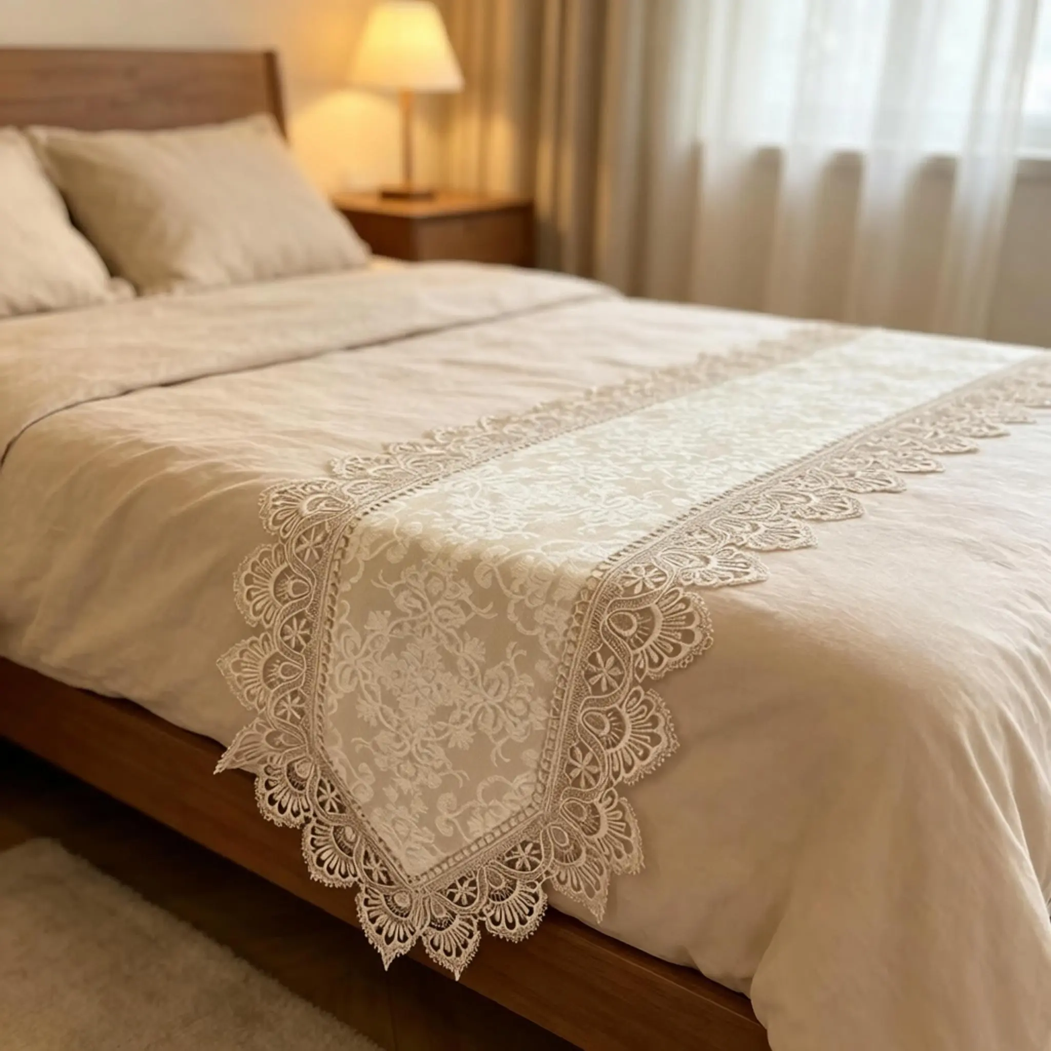 French Vintage Ivory Lace Table Runner, Embossed Floral Fabric Cutout Edge, Versatile Decor for Gatherings, Dining Table, Coffee Table, Entryway, Dressing Table