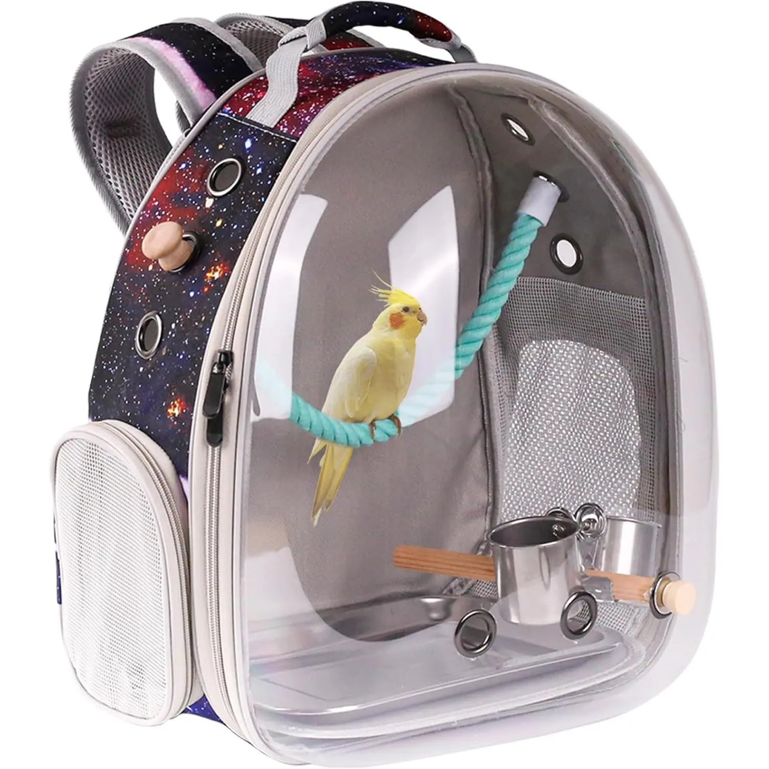 Bird Carrier Backpack with Perch - Bubble Backpack for Conures, Budgies and Small Parrots, Ideal for Vet and Outdoor Adventures(Galaxy Blue, Large)