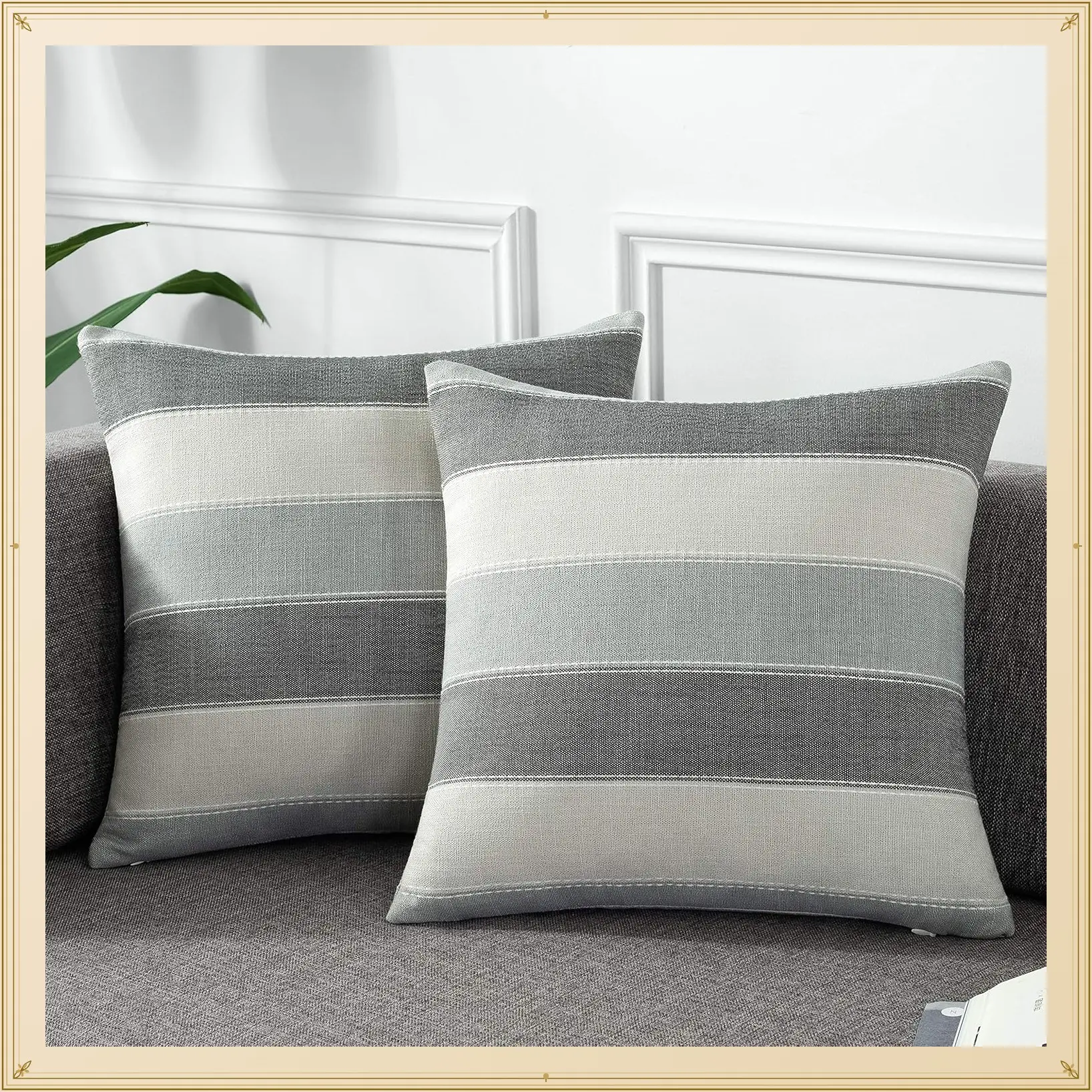 Pack of 2 Farmhouse Stripe Check Throw Pillow Covers 18x18 Inch Cotton Linen Decorative Cushion Cover Set for Couch Bench Sofa Dark Grey BeigeGift
