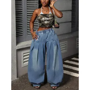 2026 New Plus Size Women'S Pleated Wide-Leg Trousers, Straight Leg High-Waisted Elastic Lantern Jeans, High Stretch Denim in Washed End, Fashionable Casual, Chic & Elegant, Vintage Urban Style, Trendy Street Fashion, Offered in Three Colors