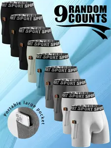 9 pcs random long men's solid color underwear, Soft, comfortable-lightweight, Suitable for Four Seasons sports, breathable elastic waistband sports pants, daily casual wear, suitable for fitness boxing, long men's flat underwear with pockets, Sportswear