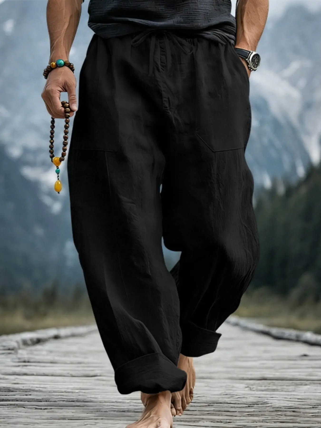 Men's Summer Beach Pants, 95% Linen 5% Polyester, Loose Fit Harem Pants, Casual Comfy Drawstring Lightweight Breathable Vacation Straight Leg Pants