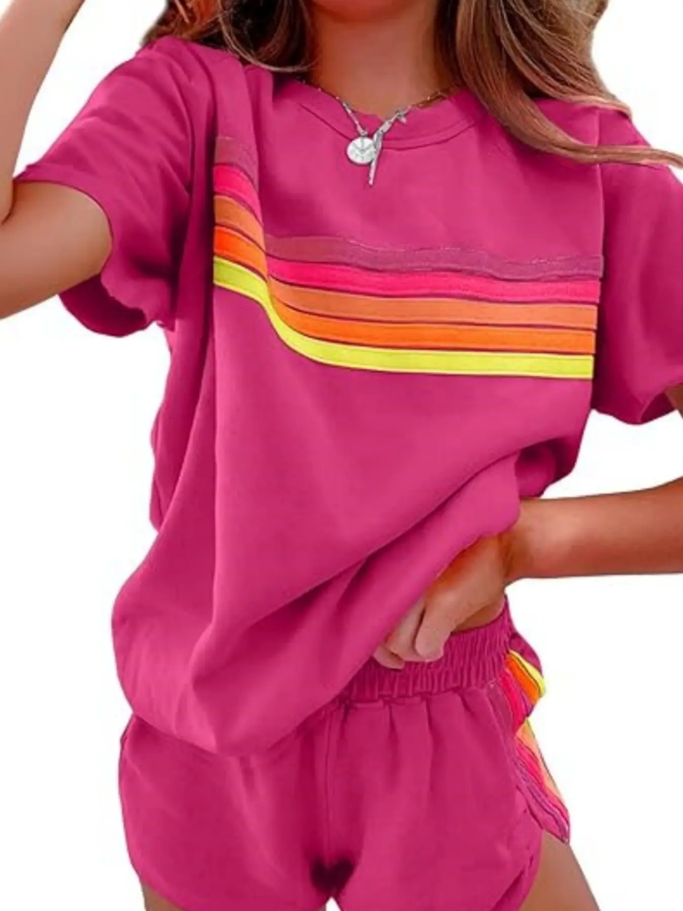 Spring Summer New Women Lounge Sets Casual Contrast Color Fashion Dolphin Pants Short Sleeve Shorts Homewear 1 Piece