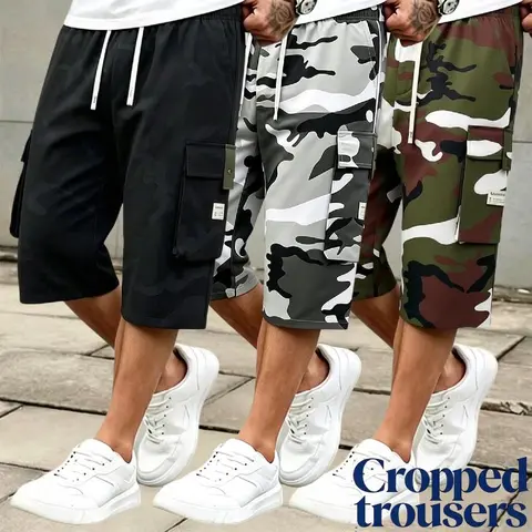 Men's 3-piece Camo Cargo seven-quarter trousers Capriers – Multi-Pocket Design, Drawstring Waistband, Casual Streetwear Shorts, Perfect for Everyday Wear & Urban Styling SpringStatements